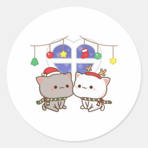 Peach And Goma Mochi Cat, Merry Christmas Classic Round Sticker