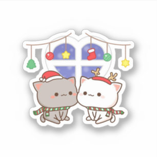 Peach And Goma Mochi Cat, Merry Christmas Sticker