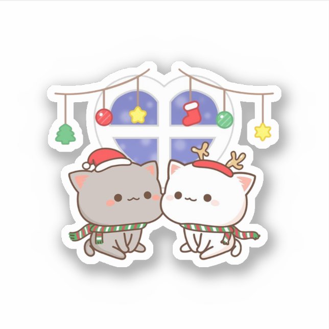 Peach And Goma Mochi Cat, Merry Christmas Sticker (Front)