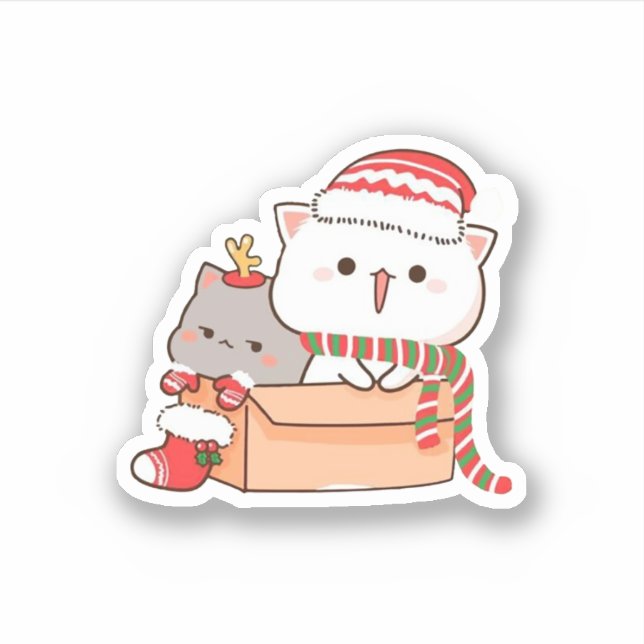 Peach And Goma Mochi Cat, Merry Christmas Sticker (Front)