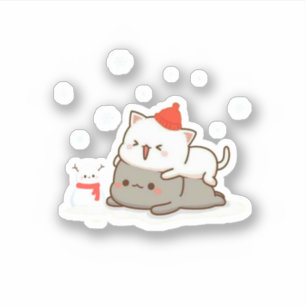 Peach And Goma Mochi Cat, Merry Christmas Sticker