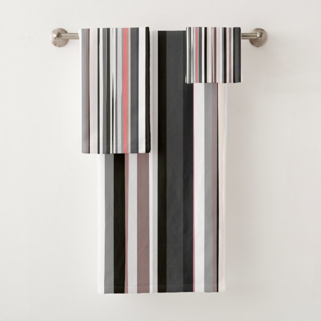 Peach and Gray Abstract Stripes Bath Towel Set (Insitu)