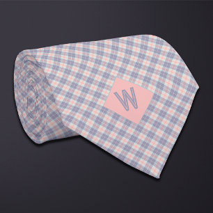 Peach and Gray Blush Plaid Monogram Neck Tie