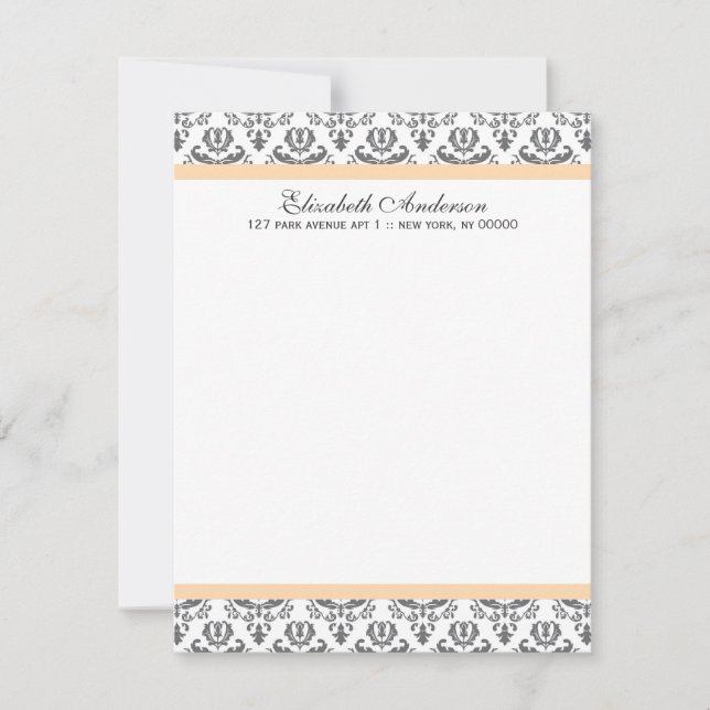 Peach and Gray Damask Flat Thank You Notes Invitation (Front)