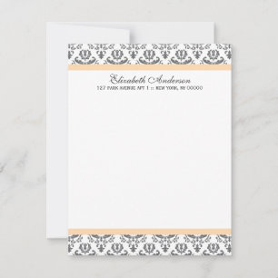 Peach and Gray Damask Flat Thank You Notes Invitation
