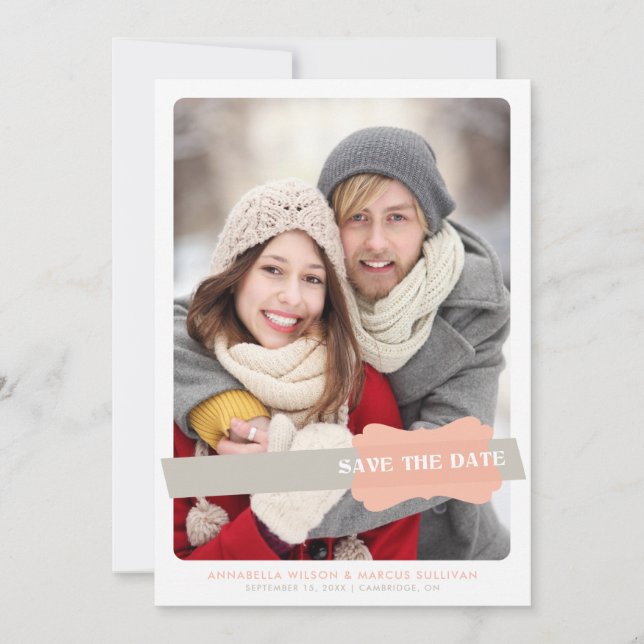 Peach and Gray Modern Save the Date Stripes Photo (Front)