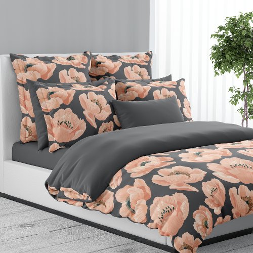 Peach And Gray Peony Elegant Floral Duvet Cover