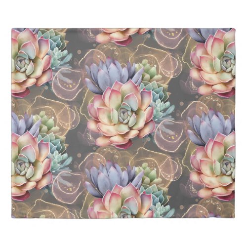 Peach and Gray Succulents Duvet Cover