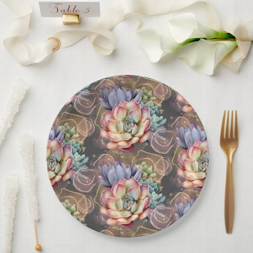 Peach and Gray Succulents Paper Plates