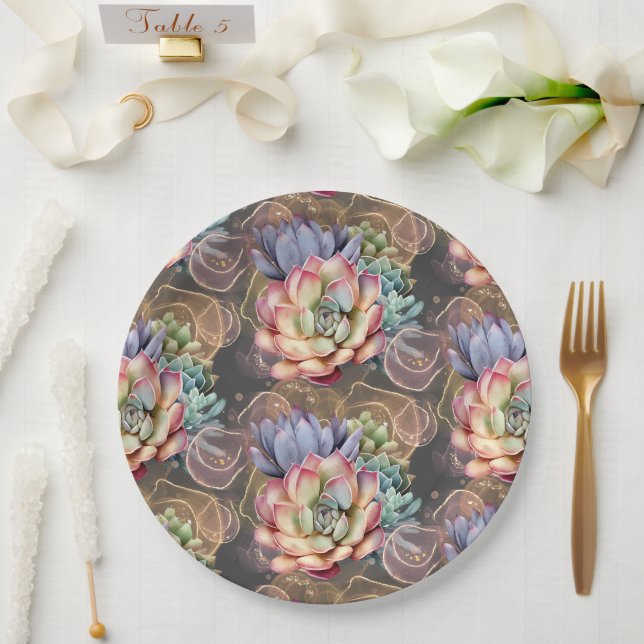 Peach and Gray Succulents Paper Plates (Wedding)