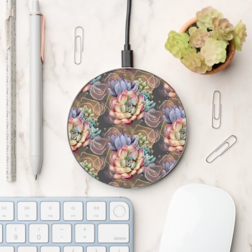 Peach and Gray Succulents Wireless Charger