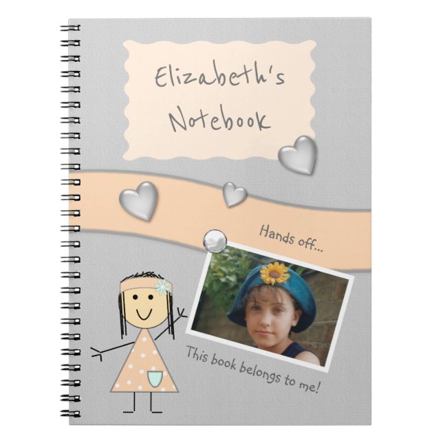 Peach and gray with hearts a name and Photo Notebook (Front)