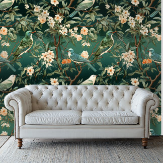 Peach and Green Chinoiserie Style Floral Wallpaper