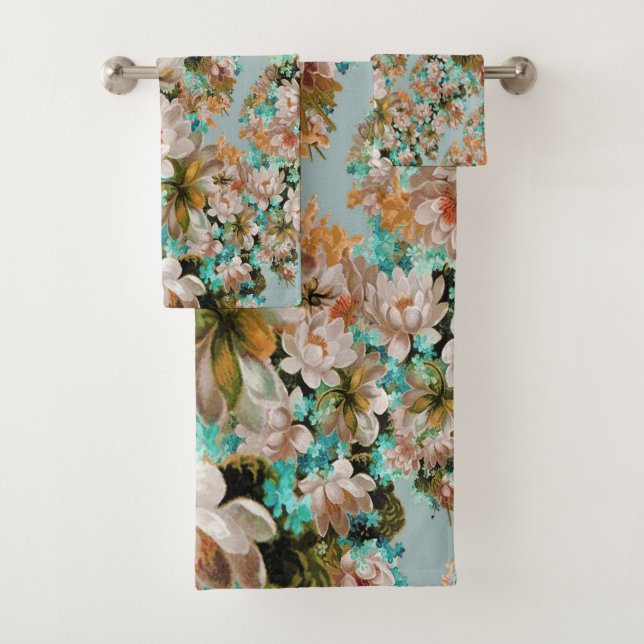 Peach And Green Floral Bath Towel Set (Insitu)