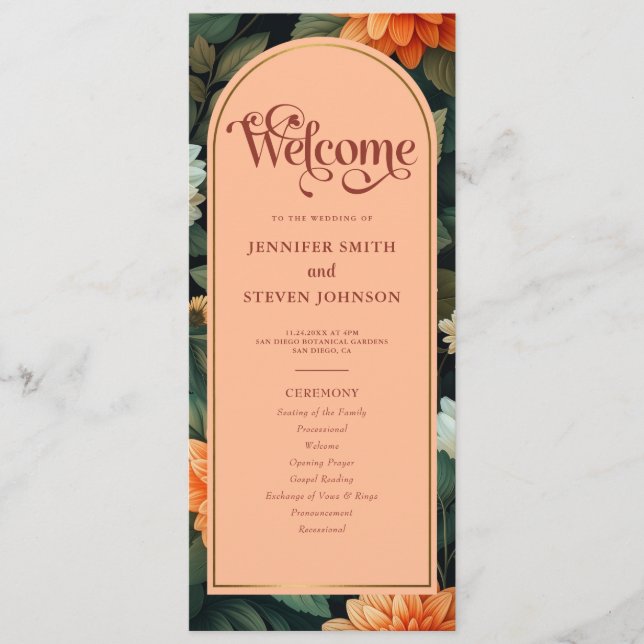 Peach and Green Floral Gold Foil Arch Wedding Program (Front)