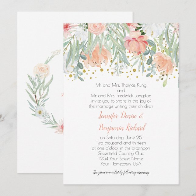 Peach and Green Floral Gold Sparkles Wedding Invitation (Front/Back)