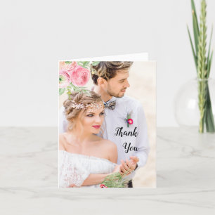 Peach and Green Floral Photo Wedding Thank You