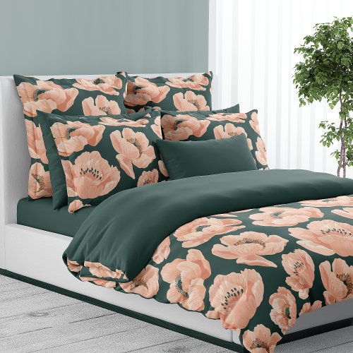 Peach And Green Peony Elegant Floral Duvet Cover