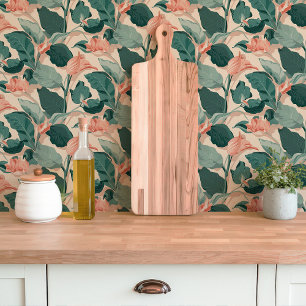 Peach and Green Tropical Floral Wallpaper