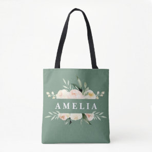 Peach and green watercolor floral & foliage tote bag