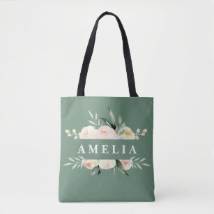 Peach and green watercolor floral & foliage tote bag