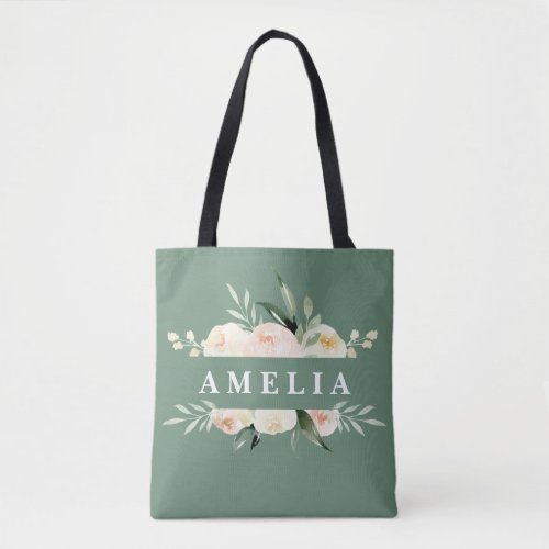 Peach and green watercolor floral  foliage tote bag