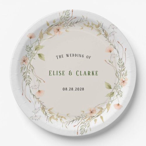 Peach and Green Watercolor Wildflowers Wedding Paper Plates