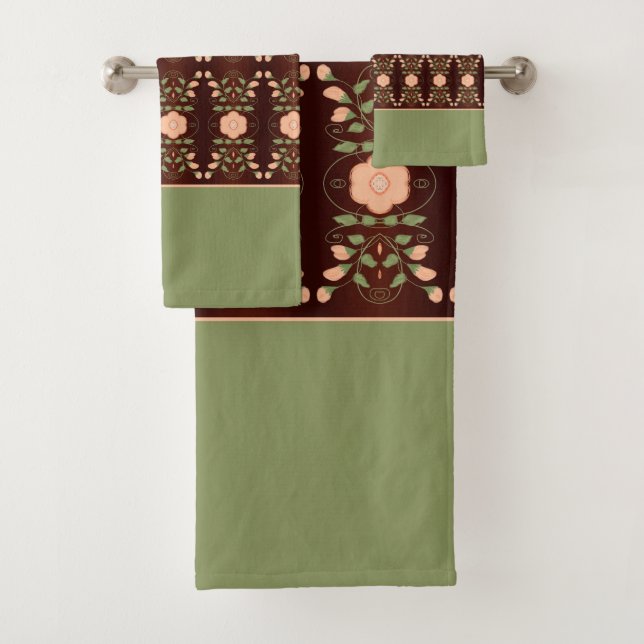 Peach And Green With Dark Brown Bath Towel Set (Insitu)