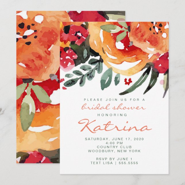 Peach and Greenery Watercolor Floral Bridal Shower Invitation (Front/Back)