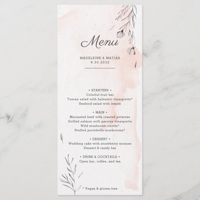 Peach and grey botanical romantic wedding menu (Front)