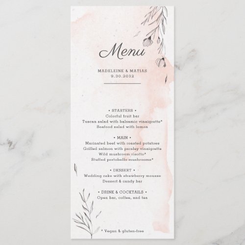 Peach and grey botanical romantic wedding menu