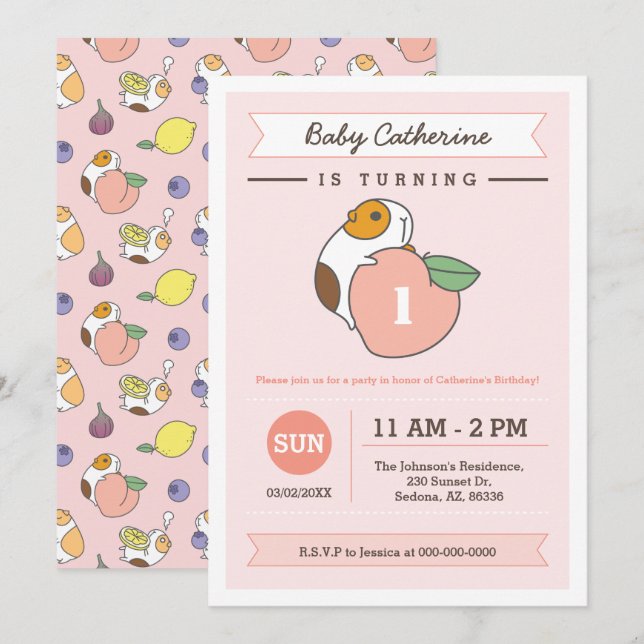 Peach and Guinea pig birthday Invitation (Front/Back)