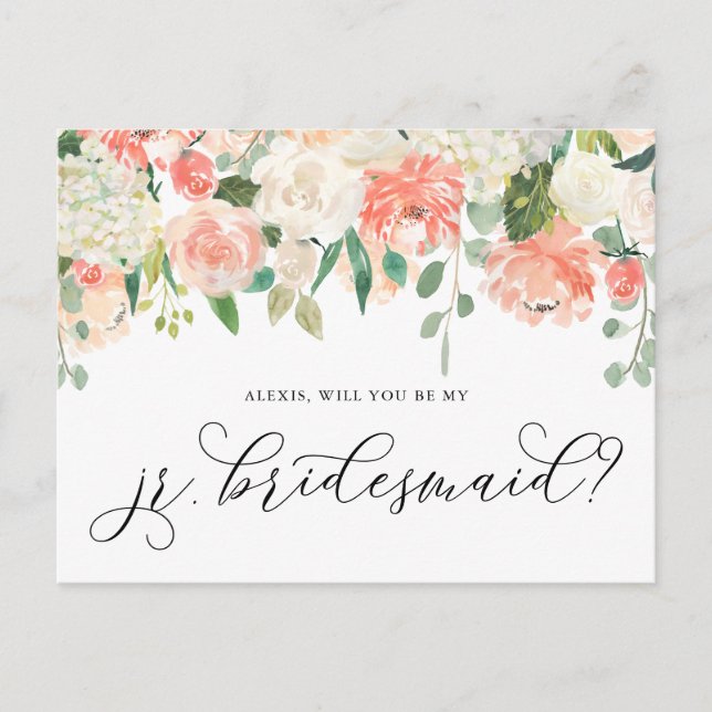 Peach and Ivory Flowers Be My Junior Bridesmaid Postcard (Front)