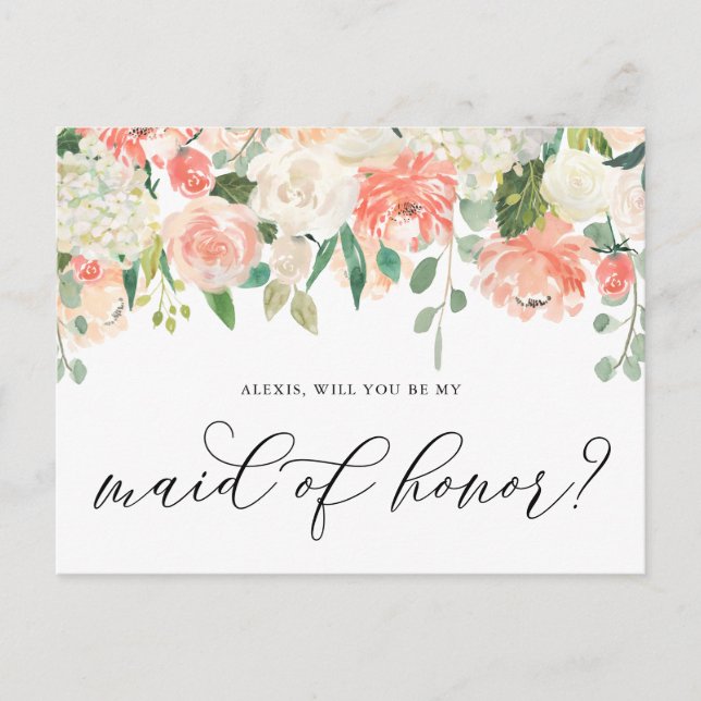 Peach and Ivory Flowers Be My Maid of Honor Postcard (Front)