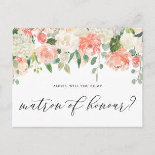 Peach and Ivory Flowers Be My Matron of Honour Postcard