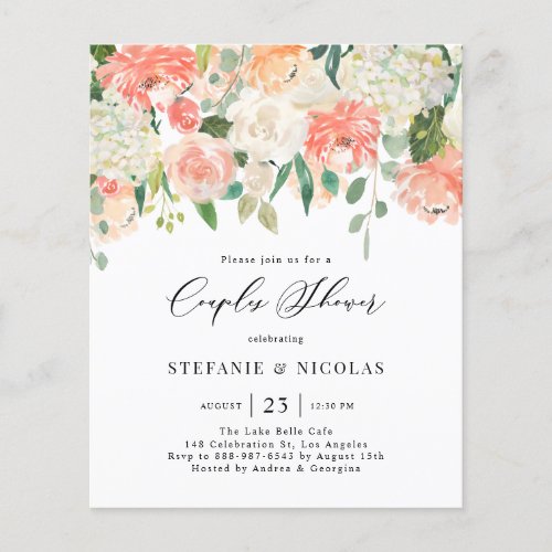 Peach and Ivory Flowers Couples Shower Invitation - Invite guests to your event with this customizable floral couples shower invitation. It features watercolor floral garland of peach, orange and ivory roses, hydrangeas and peonies with eucalyptus leaves accents. Personalize this watercolor couples shower invitation by adding your own details. This peaches and cream floral invitation is perfect for spring couples showers.