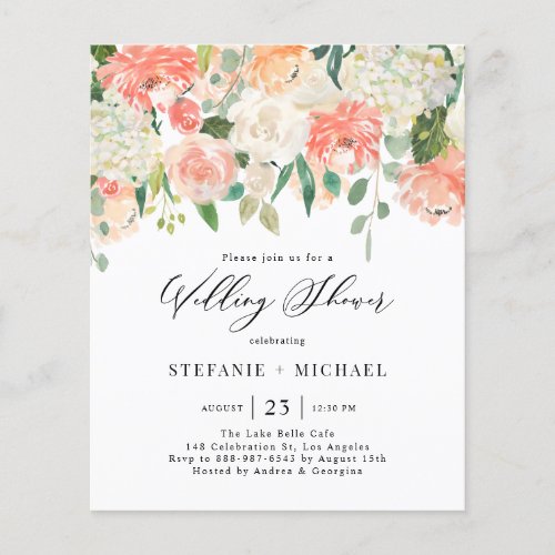 Peach and Ivory Flowers Wedding Shower Invitation - Invite guests to your event with this customizable floral wedding shower invitation. it features watercolor floral garland of peach, orange and ivory roses, hydrangeas and peonies with eucalyptus leaves accents. Personalize this watercolor wedding shower invitation by adding your own details. This peaches and cream floral invitation is perfect for spring wedding showers. 
