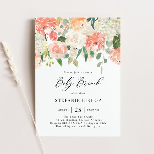 Peach and Ivory Watercolor Flowers Baby Brunch Invitation