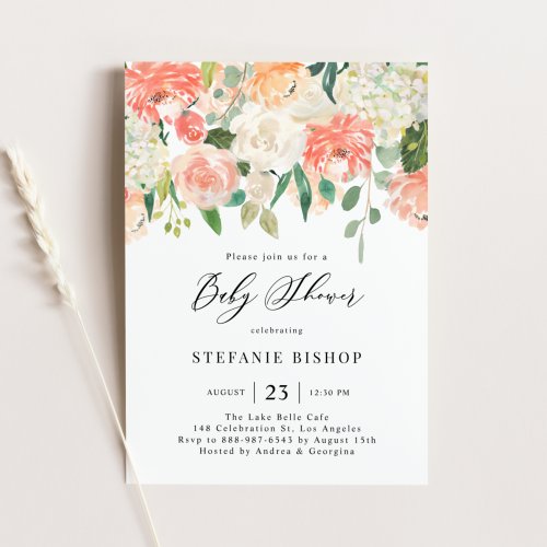 Peach and Ivory Watercolor Flowers Baby Shower Invitation