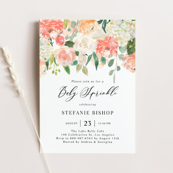 Peach And Ivory Watercolor Flowers Baby Sprinkle Invitation by misstallulah at Zazzle