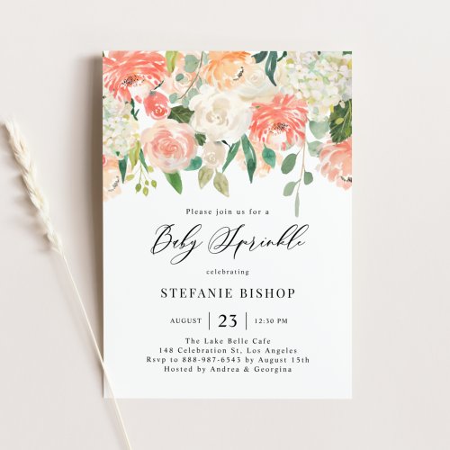 Peach and Ivory Watercolor Flowers Baby Sprinkle Invitation