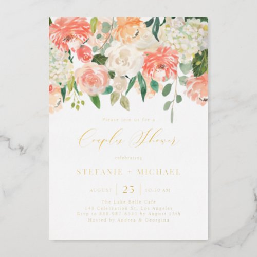 Peach and Ivory Watercolor Flowers Couples Shower Foil Invitation - Invite guests to your event with this customizable gold foil couples shower invitation. it features watercolor floral garland of peach, orange and ivory roses, hydrangeas and peonies with eucalyptus leaves accents. Personalize this watercolor couples shower invitation by adding your own details. This peaches and cream floral invitation is perfect for spring couples showers and gender neutral couples showers. 