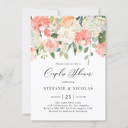 Peach and Ivory Watercolor Flowers Couples Shower Invitation - Invite guests to your event with this customizable floral couples shower invitation. It features watercolor floral garland of peach, orange and ivory roses, hydrangeas and peonies with eucalyptus leaves accents. Personalize this watercolor couples shower invitation by adding your own details. This peaches and cream floral invitation is perfect for spring couples showers. 