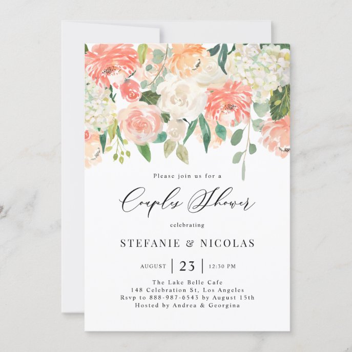 Peach and Ivory Watercolor Flowers Couples Shower                    Invitation