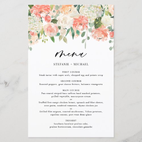 Peach and Ivory Watercolor Flowers Wedding Menu - Add an elegant floral accent to your event tablescape with this customizable floral menu card. It features watercolor floral garland of peach, orange and ivory roses, peonies and hydrangeas with eucalyptus and greenery accents. Personalize this floral menu card by adding your own details. This watercolor menu card is perfect for spring weddings, bridal showers, baby showers and so much more. 