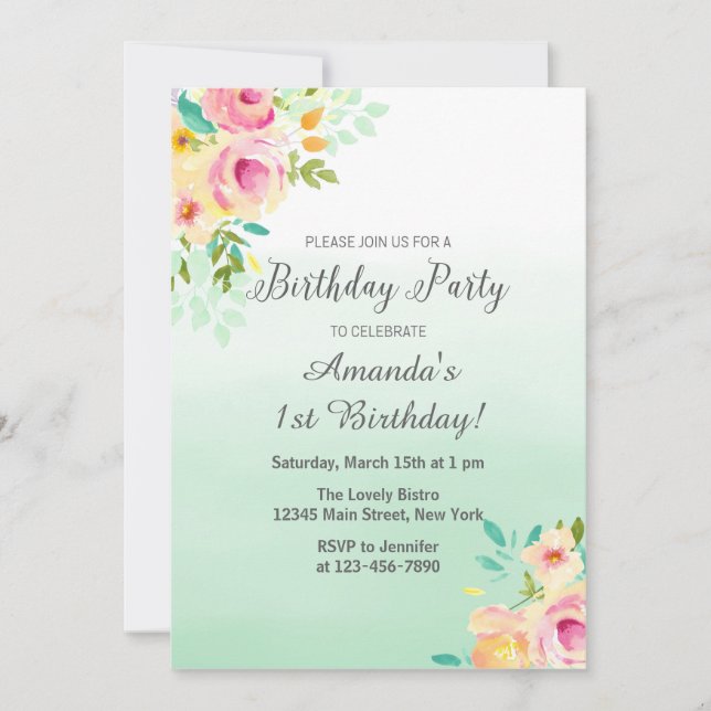 Peach and Mint Birthday Invitation (Front)