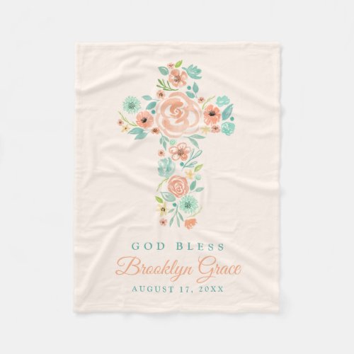 Peach and Mint Watercolor Flower Cross Baptism Fleece Blanket
