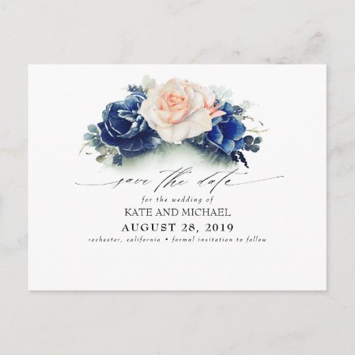 Peach and Navy Blue Floral Boho Save the Date Postcard