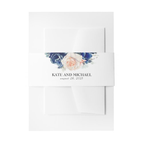 Peach And Navy Blue Floral Wedding Invitation Belly Band