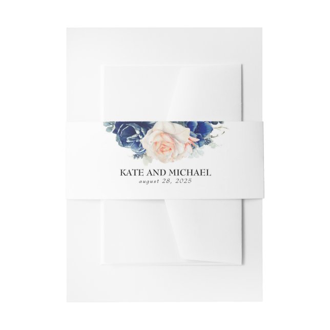 Peach And Navy Blue Floral Wedding Invitation Belly Band (Front Example)